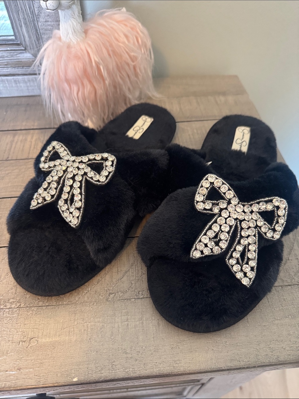 Jessica Simpson Black Faux-Fur Slide Slippers with Crystal Bow - Womens